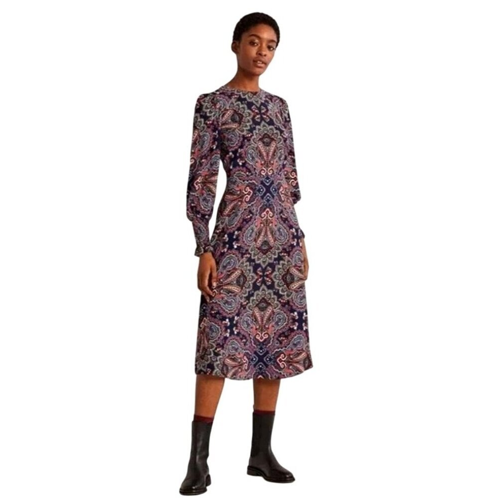 Boden Dress Women 6 Blue Botanic Paisley Smocked Cuff Midi NWOT Boho‎ Festival